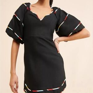 FARM Rio Black Puffy Sleeve Linen Mini Dress with Colorful Accents